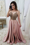 Spaghetti Straps A Line Split Prom Dresses, Pink Beaded Evening Dresses OKJ47