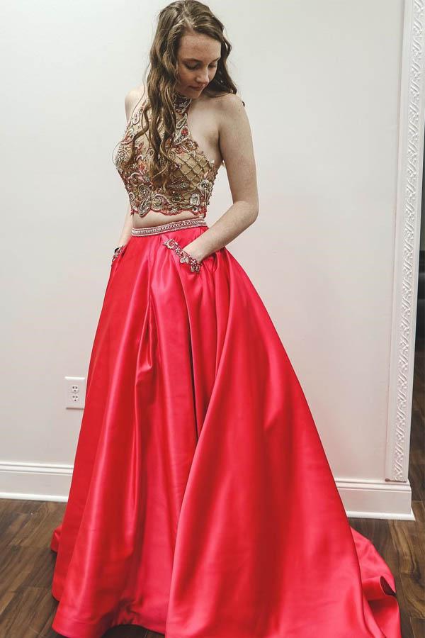 Two Pieces A Line Red Prom Dress With Pockets, Halter Beaded Evening Dress OKJ60