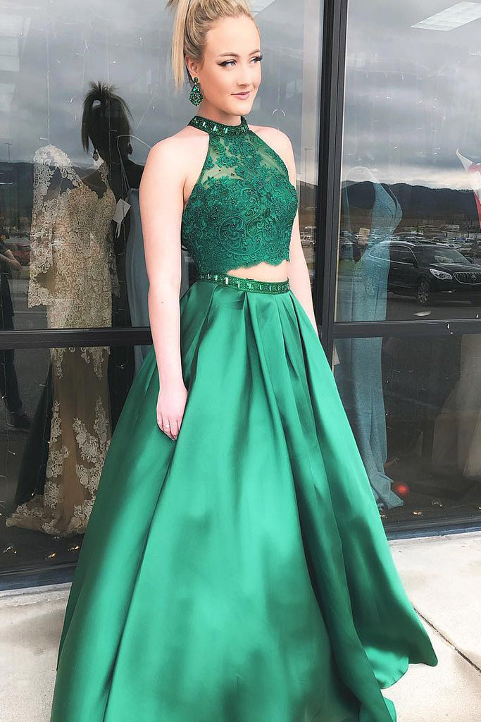 Two Pieces Halter A Line Satin Green Long Prom Dress With Beads OKJ71