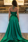 Green A Line  Halter Sexy Split Prom Dress With Pockets OKJ75