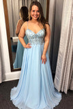 A Line Sky Blue Chiffon Prom Dresses, Beaded Evening Party Dresses OKJ55