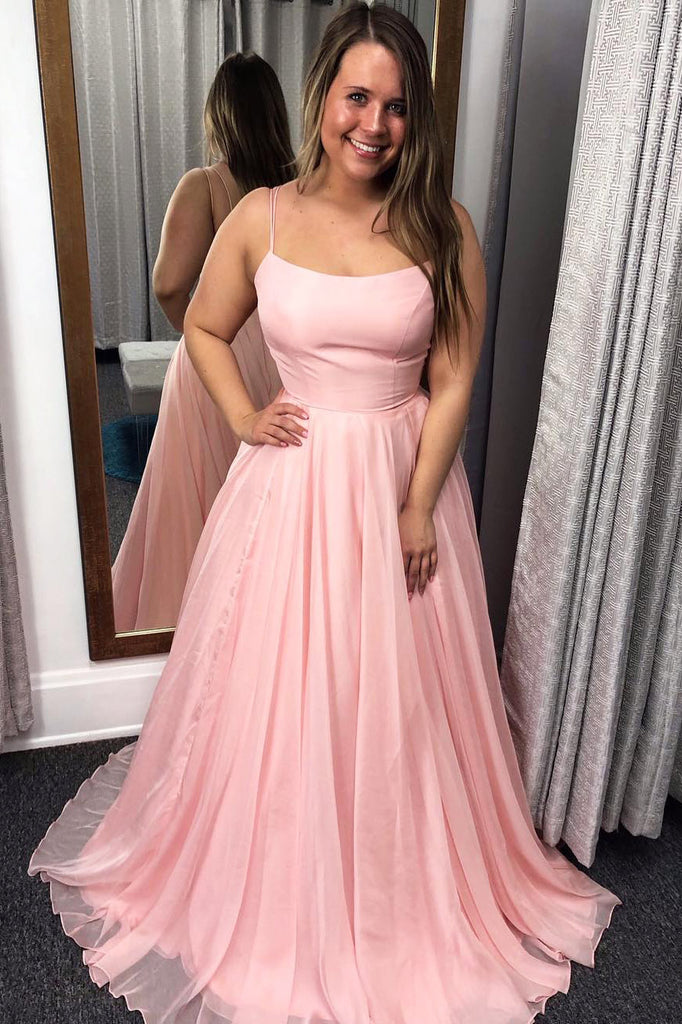 A Line Pink Spaghetti Straps Prom Dresses, Long Evening Party Dresses OKJ54