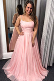 A Line Pink Spaghetti Straps Prom Dresses, Long Evening Party Dresses OKJ54