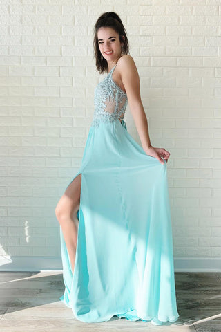 A Line Chiffon Long Split Prom Dresses, Cheap Lace Up Back Evening Dresses OKJ52