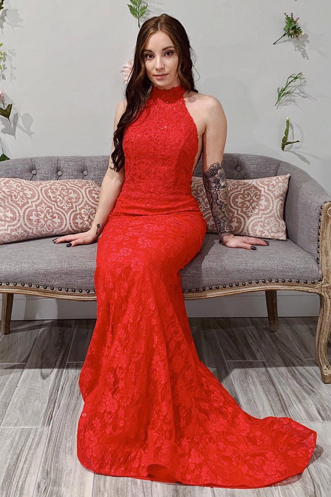 Red Lace Sheath Open Back Prom Dresses, Mermaid Evening Dresses OKJ44