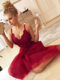 Cute A Line V Neck Spaghetti Straps Dark Red Short Homecoming Dress with Lace OKM67