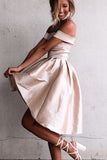 Simple A-Line Off-the-Shoulder High Low Satin Sleeveless Homecoming Dress OKD67