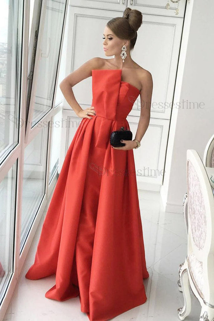 Simple A-line Strapless Long Satin Prom Dress Formal Evening Dress OKS54