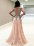 A-line V-neck Tulle Sexy Shinny Rhinestone Long Prom Dresses With Slit OKA89