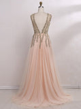 A-line V-neck Tulle Sexy Shinny Rhinestone Long Prom Dresses With Slit OKA89
