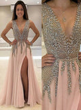 A-line V-neck Tulle Sexy Shinny Rhinestone Long Prom Dresses With Slit OKA89