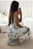 A-Line V-Neck Printed Tea Length Prom Dresses with Pleats OKL40