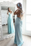 A-Line Spaghetti Straps V Neck Chiffon Long Prom Dresses OKL39