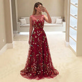 A-Line Bateau Burgundy Floral Lace Long Prom Dress OKH4