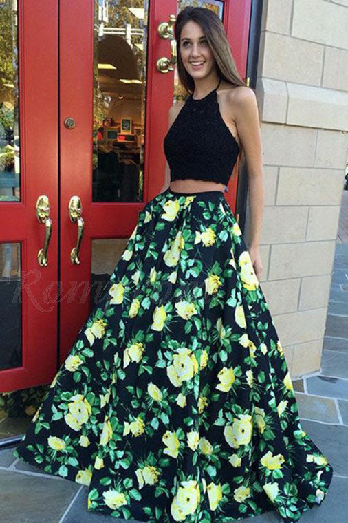 Halter Two Piece Prom Dress with Lace Pleats Floral Print Party Dress OKQ91