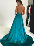 Deep V-neck Spaghetti Straps Turquoise Long Side Slit Sexy Prom Dress OKG30
