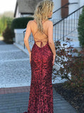 Sexy Sheath Mermaid Spaghetti Straps Criss Cross Burgundy Sequined Prom Dresses OKA30