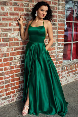 A Line Green Straps Criss Cross Back Long Prom Dress with Pockets OKI62