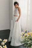 Two Piece Open Back Sweep Train Ivory Lace Wedding Dress with Pockets OKS33