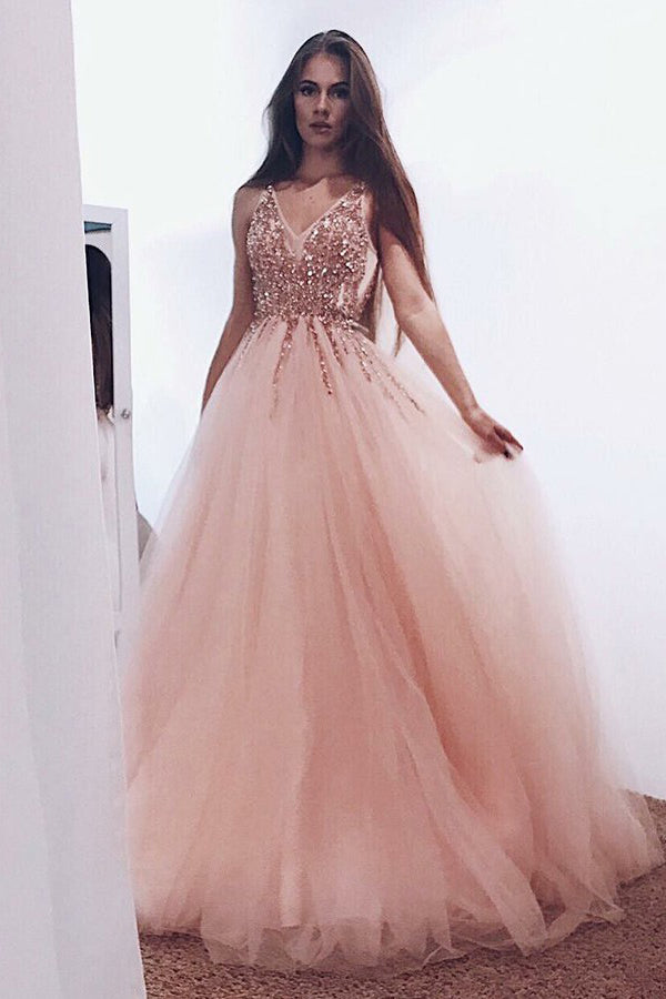 A-Line Pearl Pink Tulle V Neck Long Prom Dresses with Sequins OK972