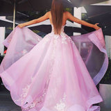 New A-Line Sweetheart Sweep Train Pink Tulle Prom Dresses with Lace Appliques OK901