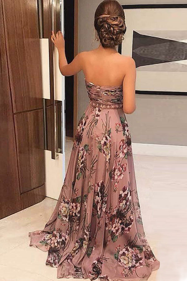Unique A-Line Sweetheart Sweep Train Floral Printed Chiffon Prom Dress with Beading OKA32
