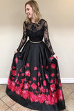 Two Piece Crew Long Sleeves Black Floral Printed Prom Dresses with Lace OKL34