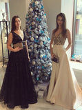 Beautiful A-Line V-Neck Floor-Length Black Lace Long Prom Dresses OK899