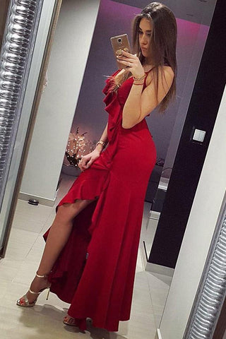 Mermaid Spaghetti Straps Red Satin Prom Dress with Ruffles OKG99