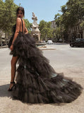 Beautiful A-Line V-Neck High Low Backless Black Tulle Prom Dress OKG98