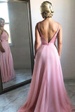 Flowing A-Line V-Neck Backless Pink Chiffon Long Prom Party Dresses OKF28