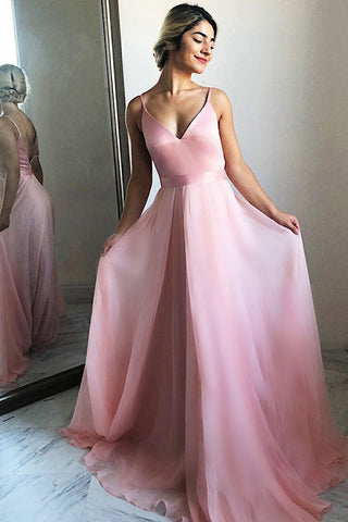 Flowing A-Line V-Neck Backless Pink Chiffon Long Prom Party Dresses OKF28