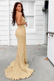 Sexy Sheath Halter Backless Sweep Train Gold Prom Party Dresses with Split OKG3