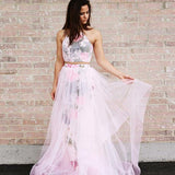 A Line Halter Sleeveless Floor Length Floral Pink Prom Dress OKJ32