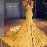 Charming Mermaid V-Neck Sleeveless Yellow Long Prom Dresses with Ruffles OKH3