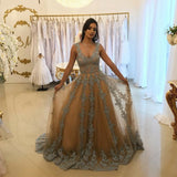 A-Line V-Neck Tulle Long Prom Dresses with Lace Appliques OKH6
