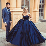 Simple Ball Gown Sweetheart Sleeveless Dark Blue Long Prom Dress OKH11