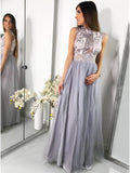 A-Line Jewel Floor-Length Tulle Prom Dresses with Lace Appliques OKF63