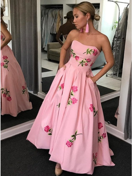 A-Line Sweetheart Strapless Pink Long Prom Dresses With Embroidery Pockets OKK63