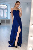 A Line Straps Floor-Length Royal Blue Prom Dresses with Split OKN28