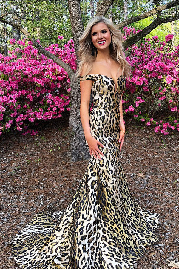 Mermaid Off-the-Shoulder Sweep Train Leopard Print Prom Dresses OKL65