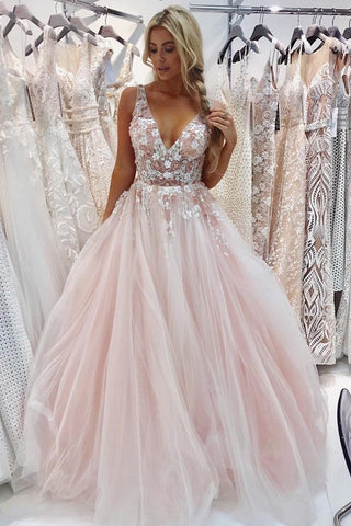 Charming A-Line V-Neck Floor-Length Pink Tulle Prom Dresses with Appliques Beading PW533