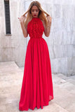 A-Line Jewel Floor-Length Red Chiffon Long Prom Party Dresses with Ruffles OKP5