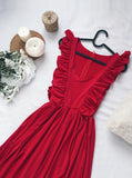 A-Line V-Neck Floor-Length Red Prom Dresses with Split Ruffles OKL84