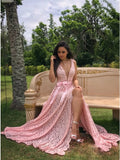 A-Line V-Neck Sweep Train Pink Lace Prom Dresses with Split OKP10