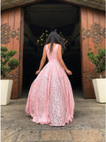 A-Line V-Neck Sweep Train Pink Lace Prom Dresses with Split OKP10