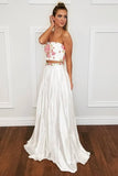 Two Piece Strapless Floor-Length Off White Prom Dresses with Floral Appliques OKI71