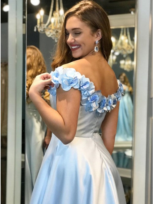 A-Line Off-the-Shoulder Light Blue Split Prom Dresses with Flowers Pockets OKP9