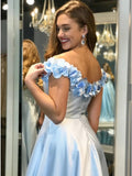 A-Line Off-the-Shoulder Light Blue Split Prom Dresses with Flowers Pockets OKP9