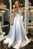 A-Line Off-the-Shoulder Light Blue Split Prom Dresses with Flowers Pockets OKP9